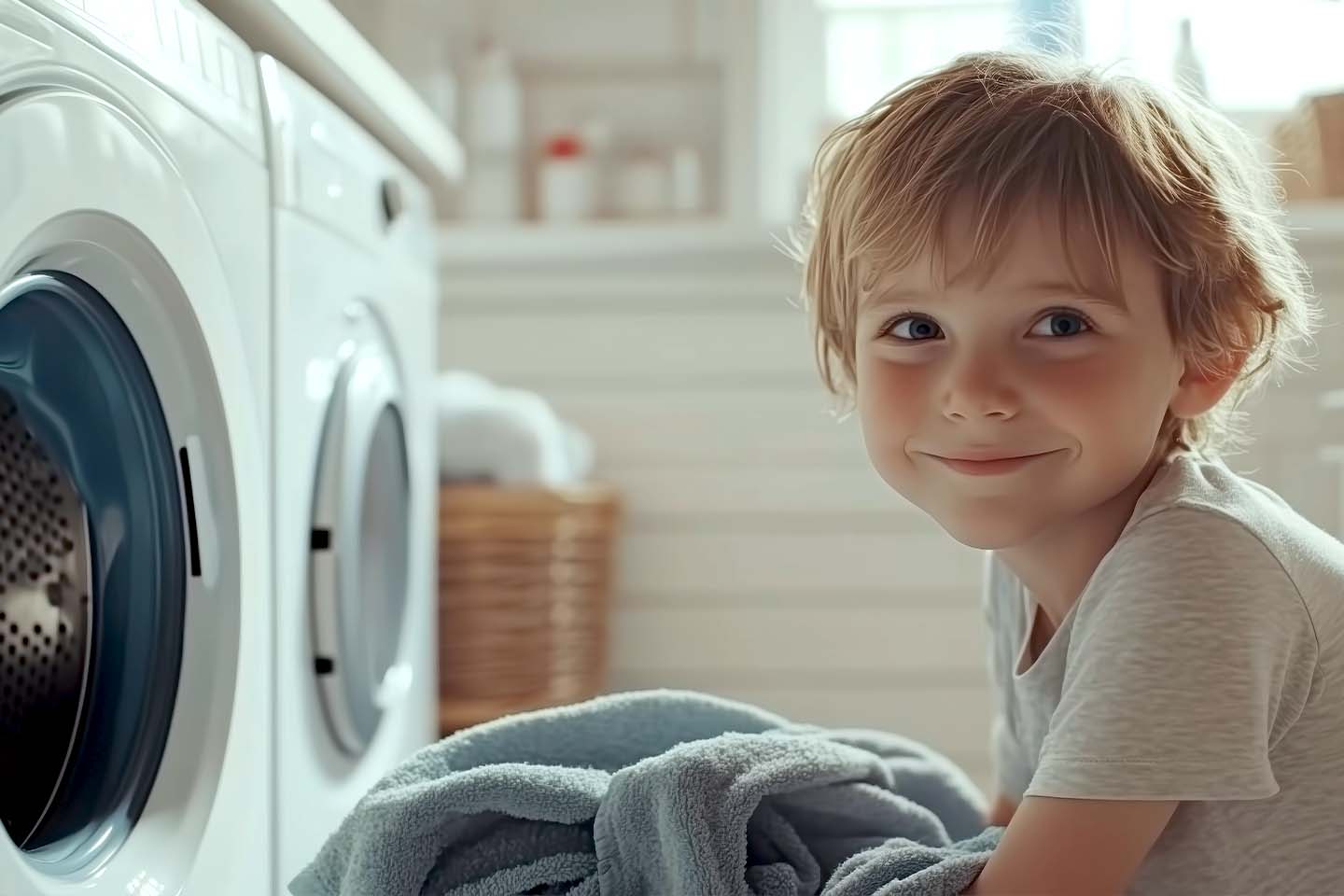 A smiling boy taking clothes out of a dryer